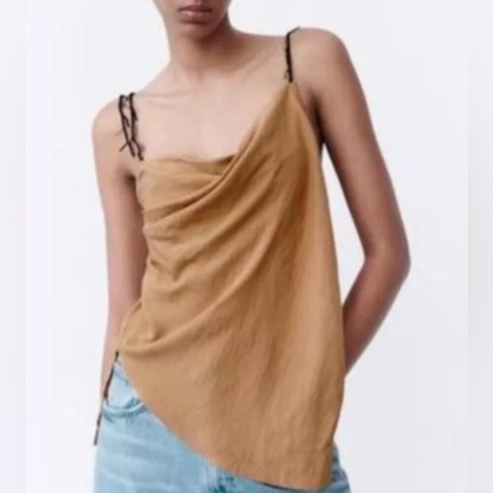 NWT ZARA Women's Asymmetrical Wrap Brown Beaded Top Open Sleeveless Size XXL